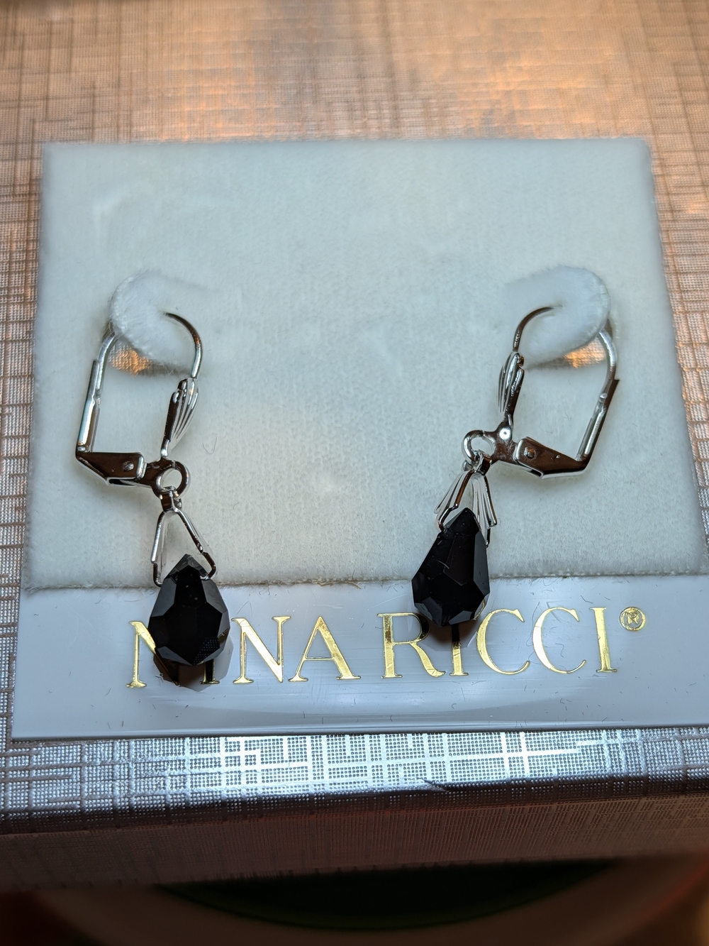 Nina Ricci Rhodium Plated Leverback Earrings with Black Swarovski Crystals New